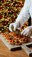Professional chef in white uniform garnishing festive bruschetta appetizers with fresh rosemary against warm Christmas lights bokeh background for holiday catering.