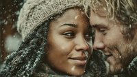 Young interracial couple sharing intimate winter moment in falling snow wearing warm knit hats and cozy clothing for romantic holiday season advertising.