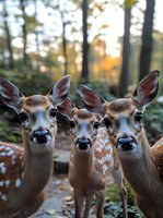 Three curious spotted deer fawns looking directly at camera in forest setting during golden hour, close-up portrait showing their innocent expressions and spotted coats.