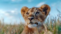 Young lion cub with bright blue eyes gazing upward while sitting in tall savanna grass against blue sky background, showing curiosity and wonder in natural habitat.