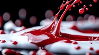 Vibrant red liquid splashing and creating droplets against white surface with dramatic black background, showcasing fluid dynamics in motion.