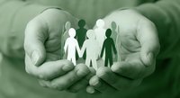 Protective hands cupping paper cutout family figures symbolizing care, insurance coverage, safety and security for loved ones in green tone.