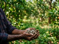 Farmer's hands holding freshly harvested peanuts in shell against lush green foliage background, agricultural harvest and crop production concept for farming and food industry use.