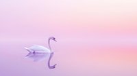 Elegant white swan gliding on calm water at dawn, creating perfect reflection against dreamy pink and purple sky.