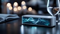 Glowing blue sound wave visualization on portable speaker with wine glass and book in dark ambient setting, bokeh lights create atmospheric mood.