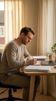 Focused Caucasian man in glasses writing notes at wooden desk with laptop and coffee cup in warm sunlit home office workspace for productivity and remote work.