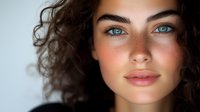 Young woman with curly dark hair, freckles and striking blue eyes in soft natural lighting against light background, beauty portrait showcasing natural makeup and glowing skin.
