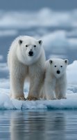 Polar bear mother with cub standing on ice floe in Arctic waters. Wildlife family portrait showcasing maternal bond in natural habitat.