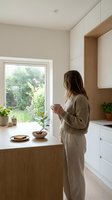 Woman enjoying morning coffee in modern minimalist kitchen with wooden accents and garden view for lifestyle and home design concepts.