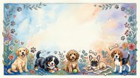 Watercolor frame with cute puppies of different breeds sitting among flowers, paw prints, and bones, with copy space in the center.