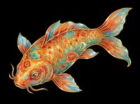 Ornate koi fish with vibrant orange, teal, and gold floral patterns, isolated on transparent background, ready for t-shirts, stickers, and print on demand.
