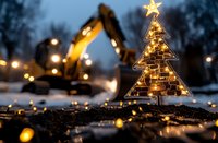 Illuminated wire Christmas tree with glowing star on construction site at dusk, excavator silhouette in background, bokeh lights reflecting in puddles.