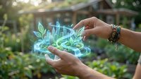 Hands holding holographic plant with digital growth data visualization in sustainable agriculture technology concept for eco-friendly farming solutions.