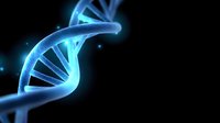 Glowing blue DNA strand helix structure on black background with bright light effects and particles, representing genetic research and biotechnology advancement.