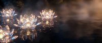 Floating crystal lotus flowers with warm golden light reflections on dark water surface creating peaceful meditation and spa atmosphere.