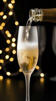 Champagne pouring into flute glass with golden bokeh lights in background, perfect for celebration, party, and festive event marketing materials.