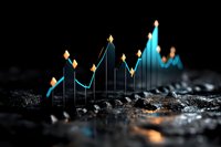 Glowing neon blue financial chart with golden points rising over dark textured surface showing market growth and business analytics data visualization.