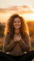 Young woman with curly hair practicing gratitude meditation at golden hour sunset, hands on heart, peaceful mindfulness moment outdoors.