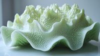 Macro view of light green lettuce leaf showing intricate cellular structure and wavy edges against soft gray background. Natural organic texture pattern.