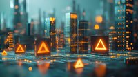Futuristic cityscape with glowing orange warning triangles and illuminated skyscrapers on digital circuit board surface against teal background. Cybersecurity concept.