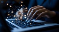 Female hands typing on laptop keyboard with glowing network connections and light dots floating above, representing digital transformation and connectivity.