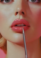 Close-up of glossy coral lips with professional makeup tweezers, highlighting precision beauty treatment on soft pink background. Perfect for cosmetic advertising.