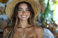 Young Hispanic woman with radiant smile wearing straw hat and cactus necklace, natural makeup and highlighted hair, casual summer style against blurred background.