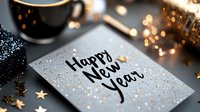 Festive Happy New Year greeting card with gold glitter sparkles, black coffee cup and holiday decorations on dark background with bokeh lights.
