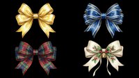 Decorative bows in gold, navy blue, red plaid, and cream with holly isolated on transparent background. Ready for clipart, t-shirt designs, stickers, and print-on-demand projects.
