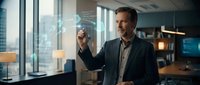 Professional middle-aged Caucasian businessman in dark suit interacting with futuristic holographic interface in modern office with city view windows.