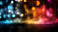 Vibrant bokeh lights and glowing sparkles create magical atmosphere with colorful gradient from blue to orange and pink, reflecting on dark glossy surface.