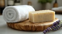 Natural handmade soap bar with lavender herbs and white towel on wooden tray for spa relaxation and skincare routine in bathroom setting.