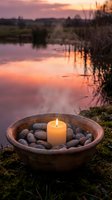 Peaceful candle meditation setup with stones in wooden bowl by tranquil lake at sunset creating serene spa atmosphere for relaxation and mindfulness practices.