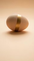 Brown egg with golden ribbon band on neutral beige background for Easter holiday celebration and premium food packaging design concepts.