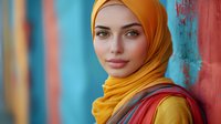 Young Middle Eastern woman wearing yellow hijab and traditional clothing smiling confidently against vibrant turquoise wall background, portrait with soft natural lighting.