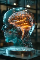 Glowing brain model in transparent human head sculpture with orange neural connections against dark background for medical education.