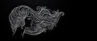 Elegant woman profile with flowing ornate hair in white line art on black background for luxury branding and feminine design projects.