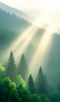 Sunbeams pierce morning mist in green mountain forest landscape, creating ethereal atmosphere with rays of light filtering through pine trees and fog at sunrise.