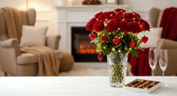 Elegant red roses bouquet in crystal vase on table with champagne glasses, cozy living room with fireplace background for romantic occasions.