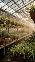 Sunlit greenhouse interior with lush green plants in terracotta pots on wooden shelves, warm golden light streaming through glass roof creating botanical paradise.