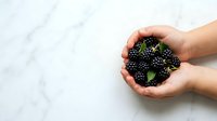 Hands holding fresh blackberries with green leaves on white marble surface, suitable for food, nutrition, and organic product marketing.