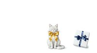 Tabby cat wearing golden bow tie sitting next to white gift box with blue ribbon on isolated white background, ready for holiday greeting cards and festive design projects.