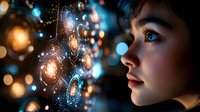 Young Asian woman profile with magical glowing lights and bokeh effects creating dreamy atmosphere, side view portrait against dark background with blue and gold illumination.