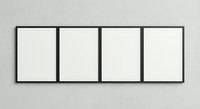 Four empty black frames arranged horizontally on white wall for gallery display, interior design, artwork presentation and home decor projects.