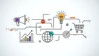 Digital marketing strategy concept with megaphone, lightbulb, shopping cart, globe and analytics charts connected by lines on white background.