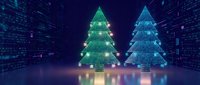 Digital Christmas trees with glowing lights in futuristic cyber environment. Technology holiday concept for web design, greeting cards, seasonal marketing.