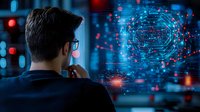 Young male professional analyzing digital data visualization on futuristic interface with glowing red and blue network connections in dark office environment.