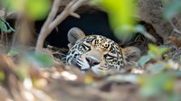 Jaguar resting in natural habitat, partially hidden by foliage and forest floor debris, showcasing spotted coat pattern and distinctive facial features.