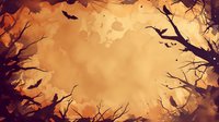 Spooky Halloween background with flying bats and bare tree branches silhouetted against an orange autumn sky, perfect for seasonal greeting cards and festive designs.