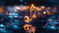 Glowing musical note reflected on wet surface with bokeh lights in dark blue atmosphere. Magical sparkles create dreamy nighttime ambiance.